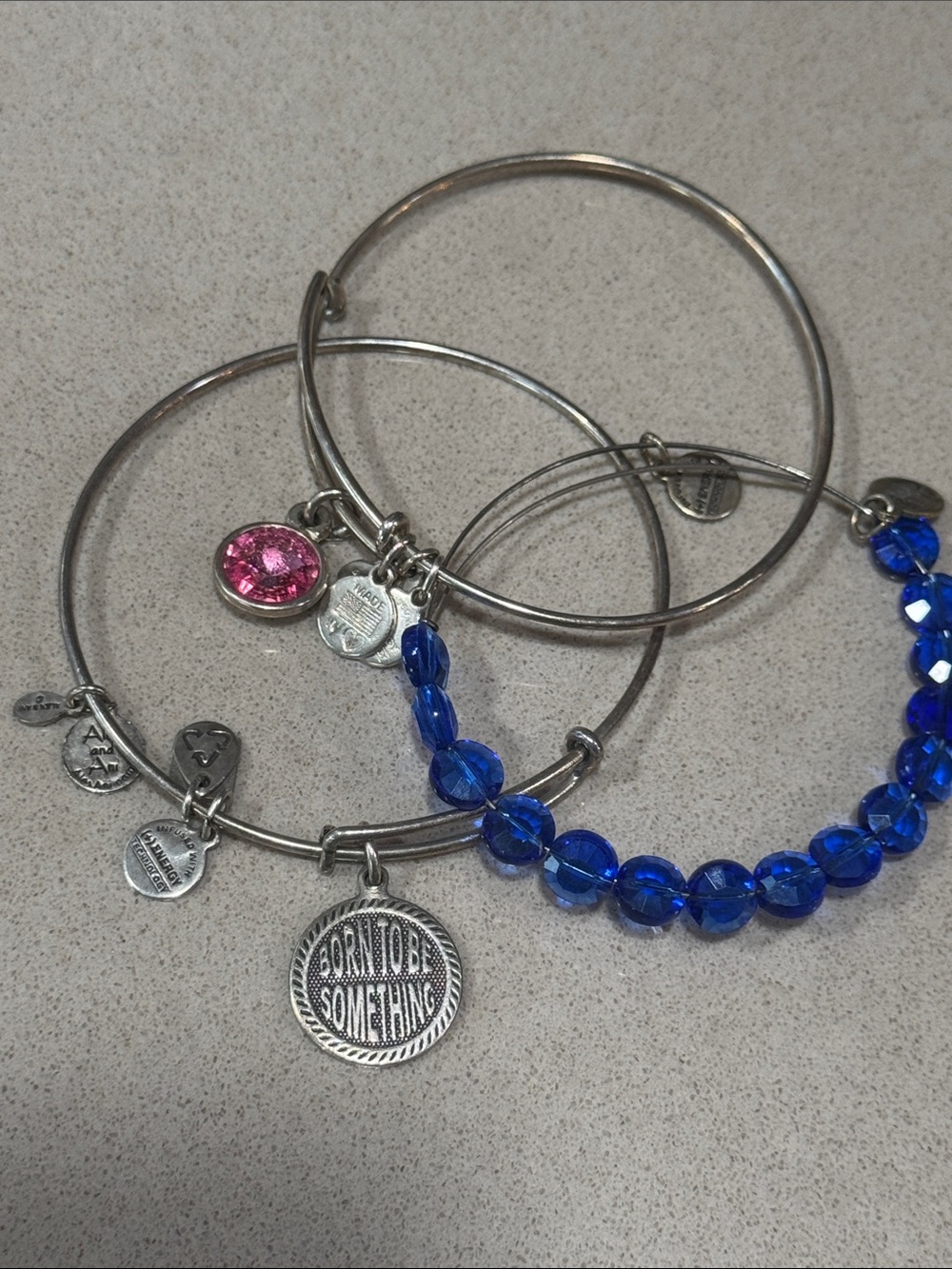 Alex and Ani-Inspired Silver Charm Bangle Set of 3: Blue Beads and Pink Accent